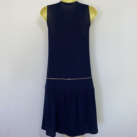 Sandro Paris Dress Navy Gold Tone Zipper Accent Ruffle Hem Nwot Sm - Picture 7 of 8
